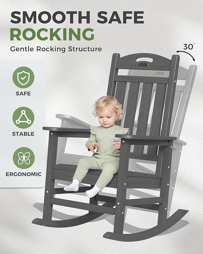 Oversized Outdoor Rocking Chairs Set of 2, High Back Porch Rocking Chair, HDPE All Weather Resistant Rocking Chairs for Patio, 380lbs Weight Capacity, Dark Grey