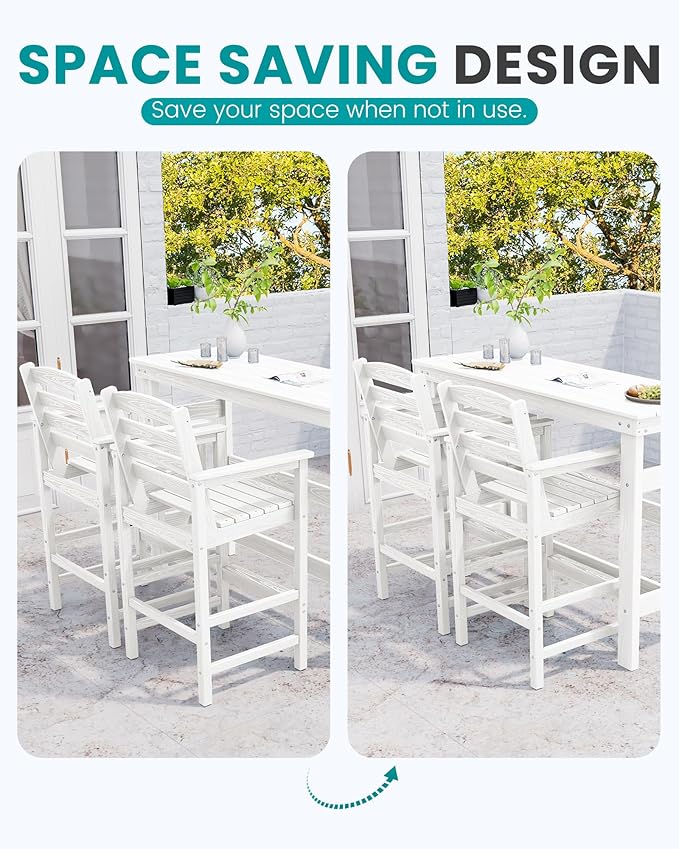 SERWALL Outdoor Bar Table and Chairs Set, Adirondack Bar Chairs Set of 2 and Bar Height Table, All Weather HDPE Patio Bar Set, Outdoor Furniture for Outside, White