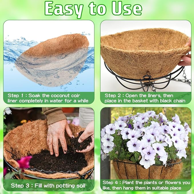 ZeeDix 2 Pack 16 Inch Large Hanging Baskets for Plants Outdoor with Coconut Liners Replacement, Hanging planters Baskets with Natural Coco Liner for Outdoor Indoor Planters Flowers Vegetables