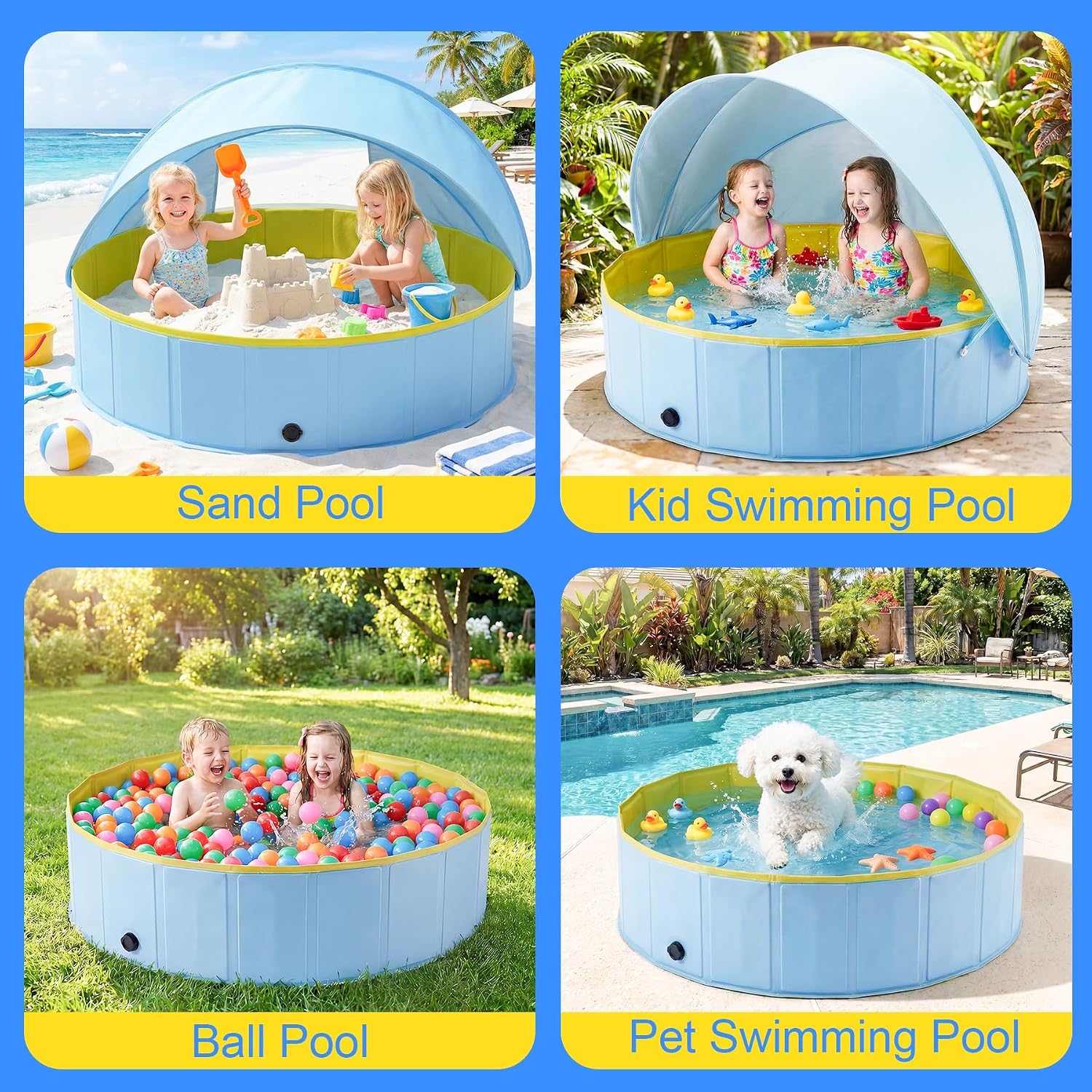 Kiddie Pool with Canopy, Large Foldable Pool Detachable UPF 50+ Sunshade | 48in Pool, Removable Sunshade, Foldable, Non Slip, Swimming Pool Beach Essentials Tent with Shade for Outdoor Backyard Beach