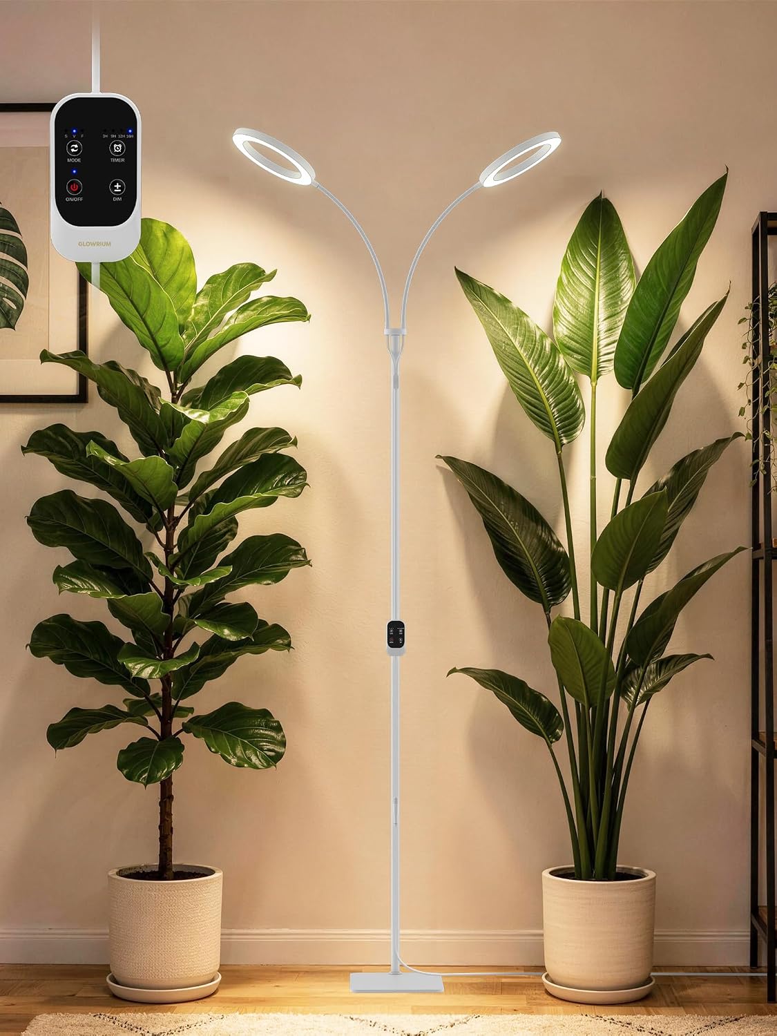 48W Grow Lights for Indoor Plants, Full Spectrum LED Plant Light with Stand | Dimmable, 3 Lighting Modes, 23"-79" Adjustable Height, Plant Growing Lamp with 3/9/12/16H Timer, White Dual Heads Floor Lamp