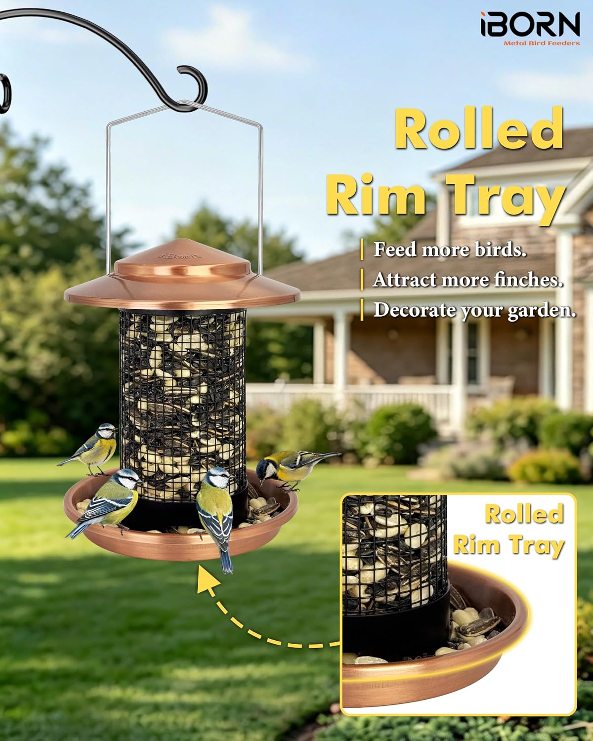 Metal Peanut Bird Feeder for Outdoors, Chew Resistant, 2.2lbs, 1Pk, Copper | Hanging, All-Metal, Detachable & Locking Base, Durable, Mesh Design, Easy to Clean, Spill-Proof