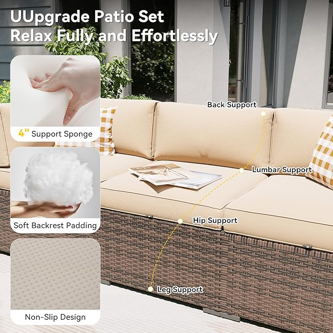 Aoxun Patio Furniture Set, 7 Piece Outdoor Sectional Sofas with Waterproof Cover, Wicker Rattan Outdoor Furniture Patio Conversation Set for Backyard, Garden (Brown Rattan Begin Cushions)