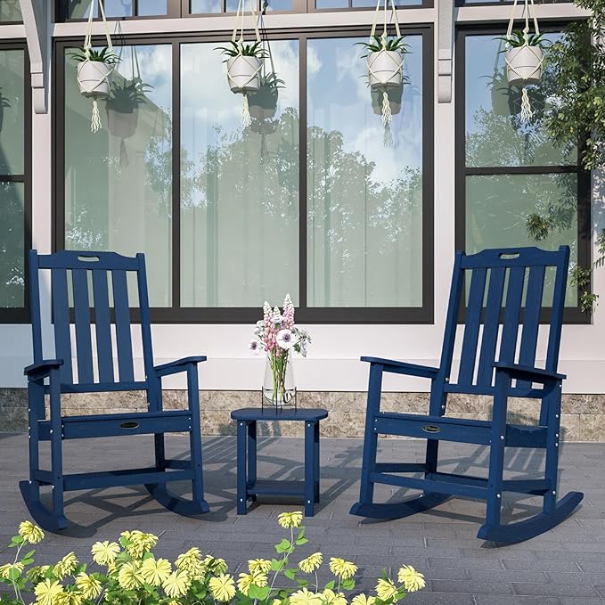 Oversized Rocking Chair, Outdoor Rocking Chair for Adults, All Weather Resistant Porch Rocker for Lawn Garden, Navy Blue