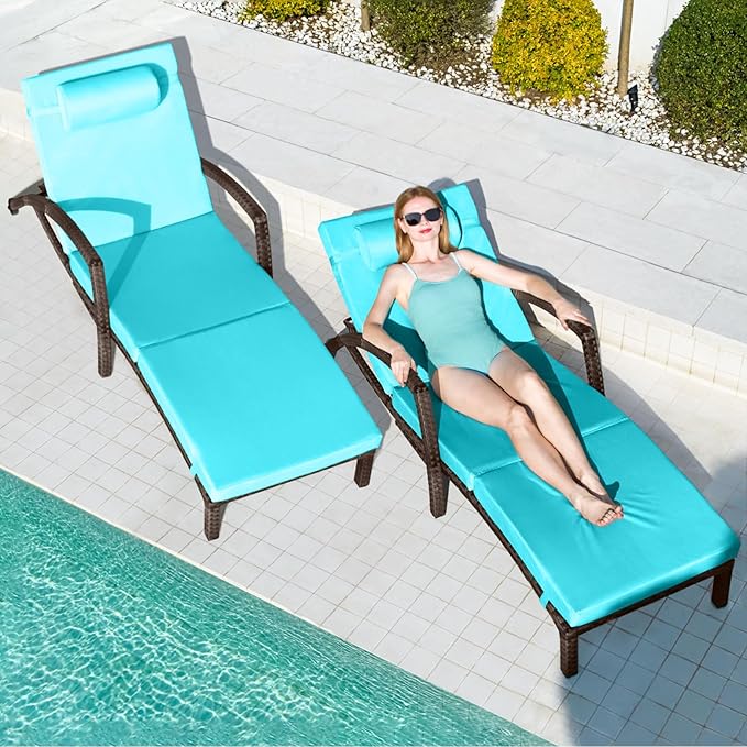 Chaise Lounge Chairs Outdoor Set of 2, Comfy Outside Wicker Patio Pool Lounge Chair w/ 5 Adjustable Back Angle, Cup Holder, Thicken Cushion