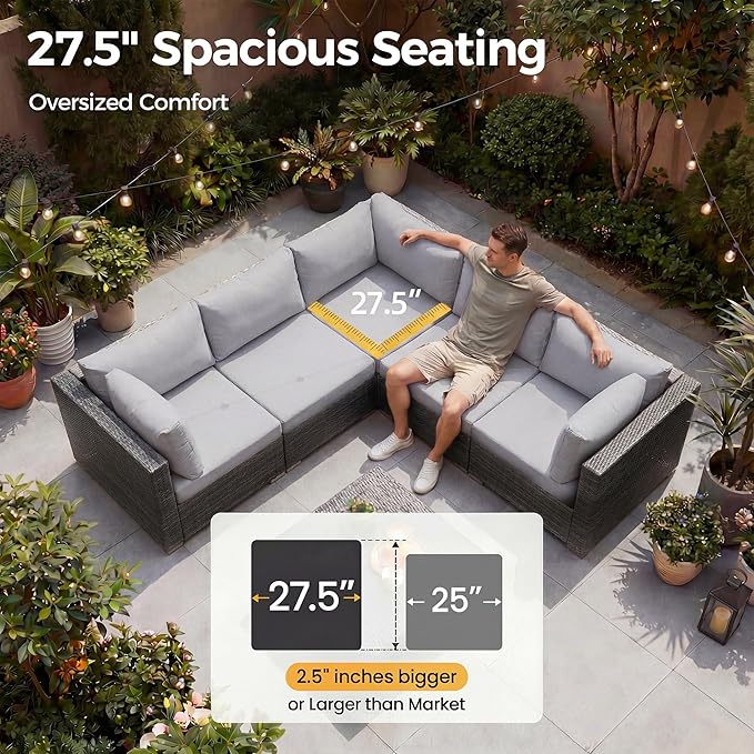 Nicesoul 6 Piece L Shaped Outdoor Patio Set with Firepit Table Natural Gas & Propane Convertible, 29.3'' High-Back Rattan Sectional Sofa, All Weather Deep Seats XL Large Conversation for Outside, Grey