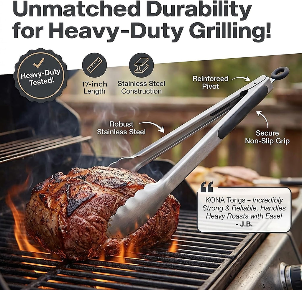 Kona 18-in Stainless Steel Locking Grill Tongs, Heavy-Duty, 1 Pack | Extended 18-in reach, locking design for easy storage, for grill, BBQ, and kitchen