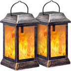TomCare Flickering Flame Solar Lights Outdoor Metal Hanging Lantern, 2 Pack | Realistic Flame Effect, Charges in 6-8 Hours, 10-12-Hour Runtime, IP65 Waterproof, Auto On/Off for Patio, Garden and Porch