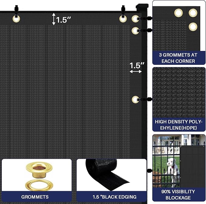 Windscreen4less Privacy Fence Screen Heavy Duty Windscreen Fencing Mesh Fabric Shade Net Cover with Brass Grommtes for Outdoor Wall Garden Yard Pool Deck, 6'x67' Black