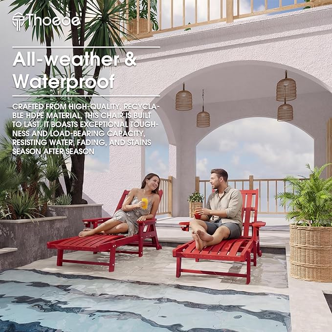 Patio Chaise Lounge Chair Set of 2, Oversized Lounge Chair Outdoor with 5 Positions, HDPE, Patio Lounge Chair with Wheels & Cup Holder for Pool, Deck, Poolside,Red