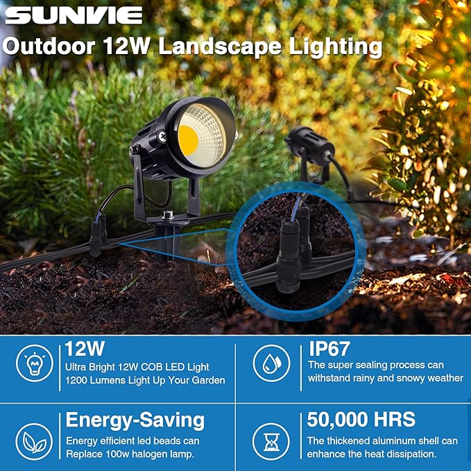 SUNVIE 12W Low Voltage Landscape Lighting Landscaping Lights with Connectors Outdoor LED Landscape Light 3000K Waterproof Tree Flag Lights Low Voltage Lighting with Stand for Garden Yard Path, 16 Pack