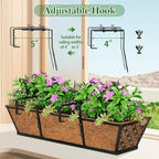 SPECILITE 24" Window Boxes Planters, Heavy Duty Metal Railing Planter Boxes, Adjustable Balcony Planters for Railing Hanging, with Coco Liner & Tool Set for Deck, Porch, and Patio Gardening (6 Pack)