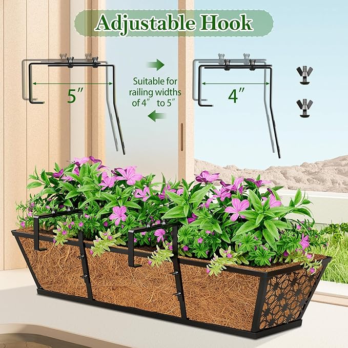 SPECILITE 24" Window Boxes Planters, Heavy Duty Metal Railing Planter Boxes, Adjustable Balcony Planters for Railing Hanging, with Coco Liner & Tool Set for Deck, Porch, and Patio Gardening (6 Pack)