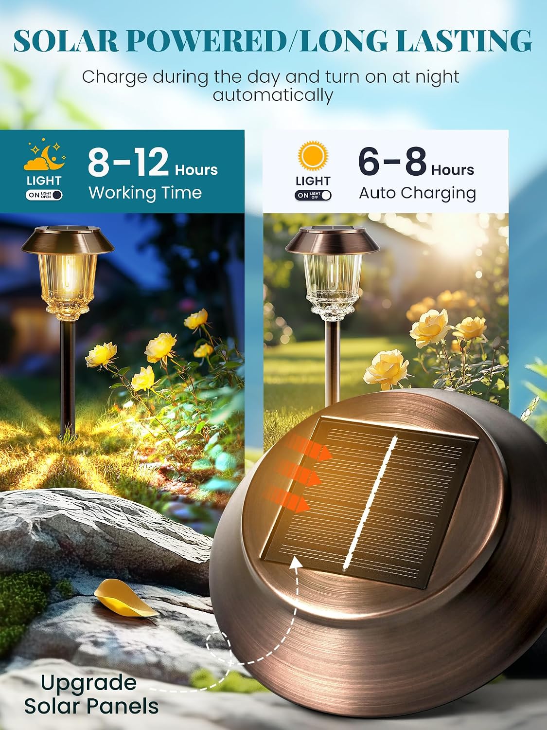 Solar Lights Outdoor Waterproof,10-40 LM Dimmable Glass and Metal | 4 Pack Bronze Pathway Lights, Solar Powered Garden Decor for Yard, Patio, Pathway, Driveway (Warm White)