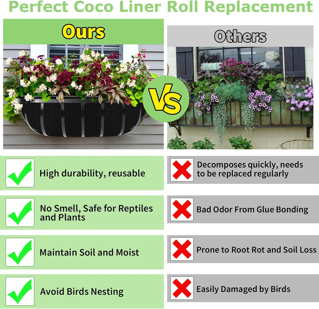 Riare 16x120 Inch Black Felt Planter Liner Roll- 2 Rolls Non-Woven Fabric Planter Liner for Outdoor Plants, Coco Liner Roll Alternative Basket Planter Liner for Planters Hanging Basket Window Box