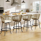 DWVO Outdoor Counter Height Bar Stools Set of 2, Patio Swivel Bar Chairs with Soft Cushions, 360° Rotation, Bar Height Rattan Chairs for Backyard, Poolside, Garden, Beige