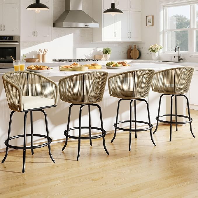DWVO Outdoor Counter Height Bar Stools Set of 2, Patio Swivel Bar Chairs with Soft Cushions, 360° Rotation, Bar Height Rattan Chairs for Backyard, Poolside, Garden, Beige