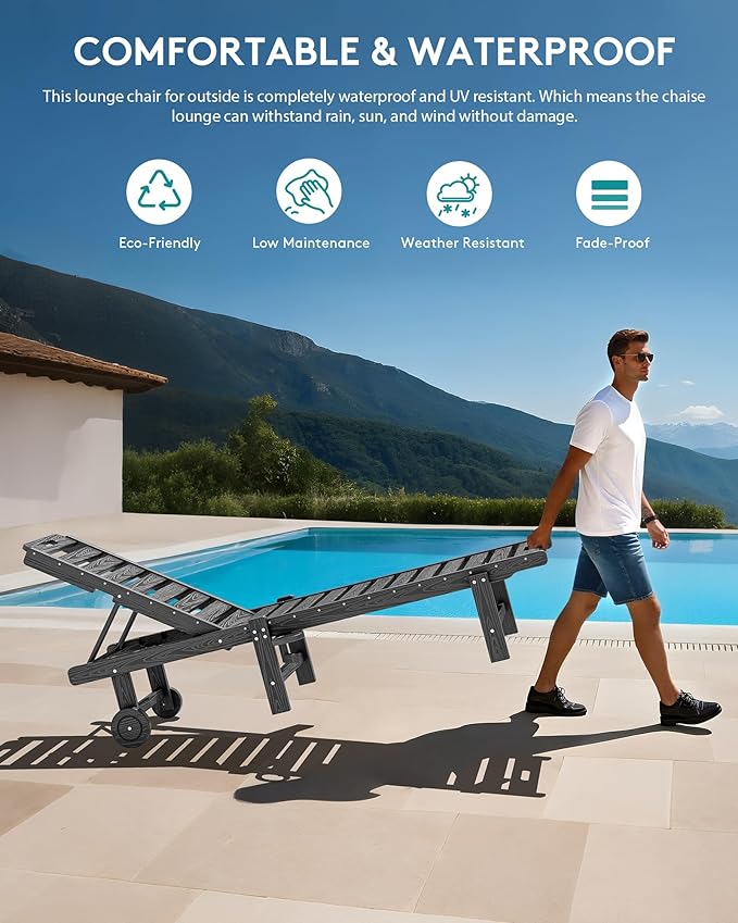 SERWALL Outdoor Chaise Lounge Chair, HDPE Patio Lounge Chair with Cup Holder, 5 Positions Adjustable Poly Lounger with Rolling Wheels for Poolside, Deck, Sunbathing, Grey