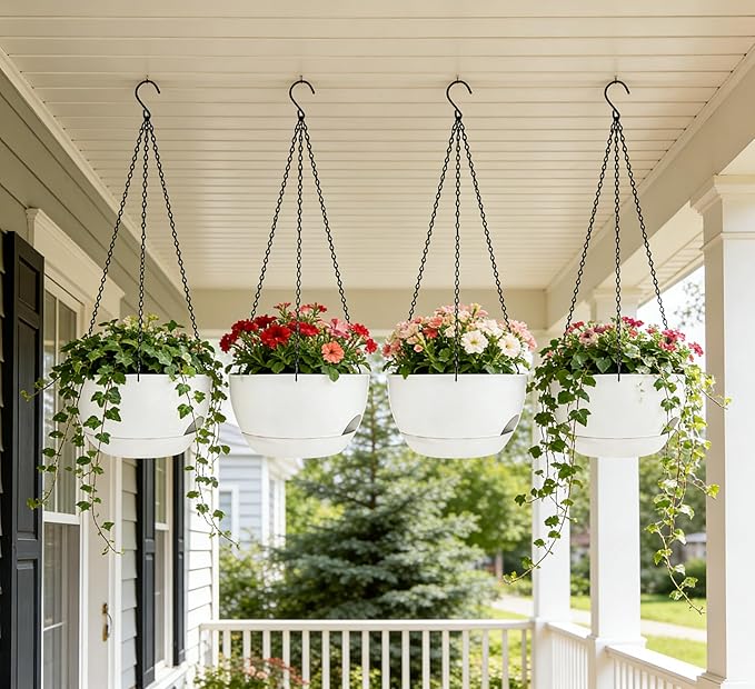 Set of 2-8 Inch Self Watering Hanging Planters for Indoor Outdoor，Hanging Plant Pots with Drainage & Removable Tray, Hanging Pots Holder for Ivy, Pothos, Ferns, Balcony & Patio, White