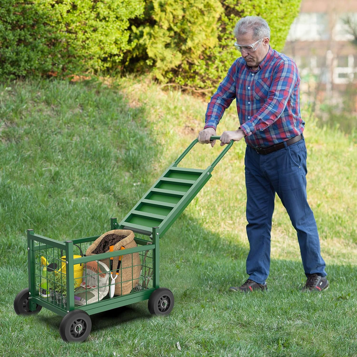 garden cart with seat,3-in-1 rolling seat with wheels shown in use