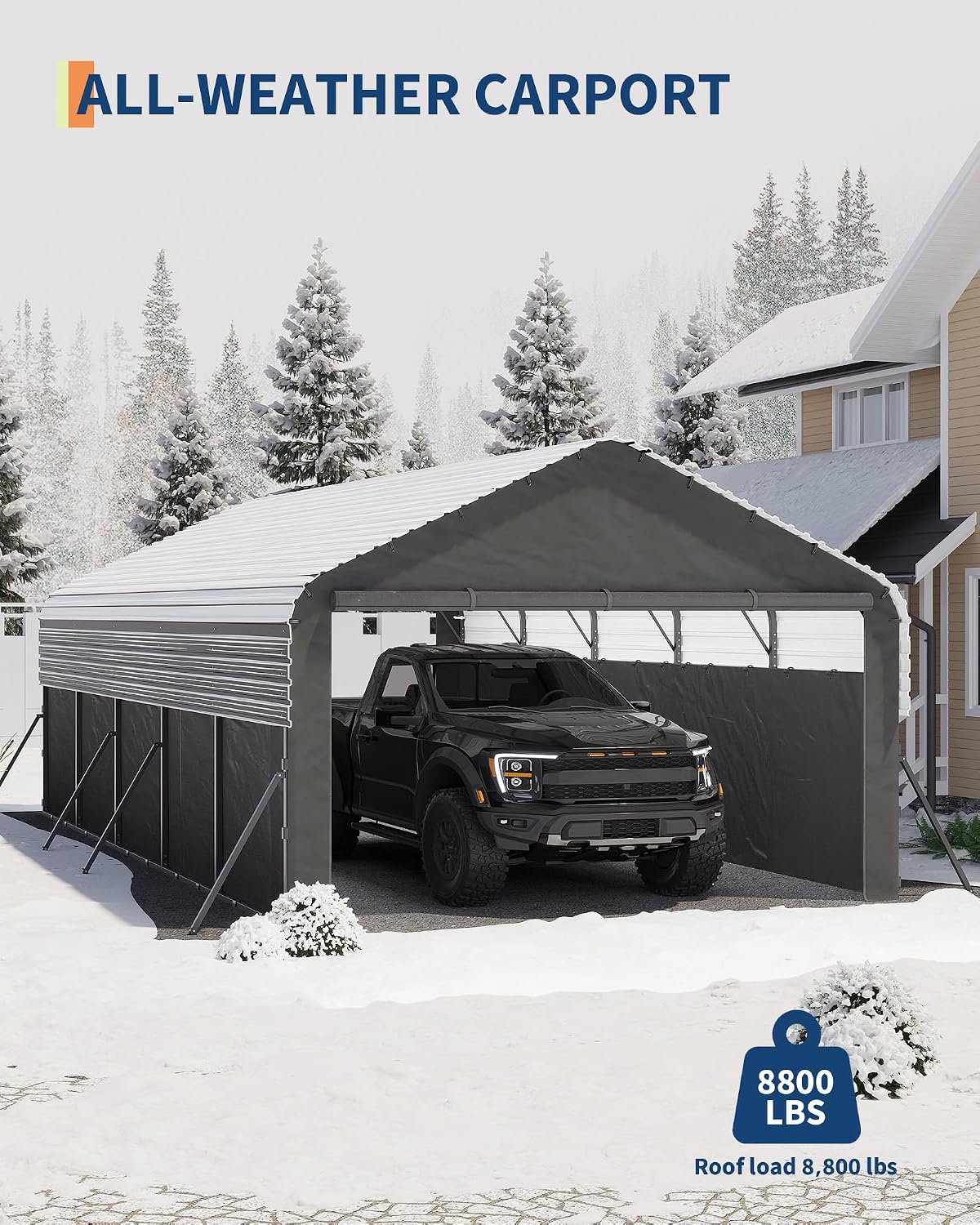 garvee 12x25x9 ft metal carport oversized, enclosed car, side view