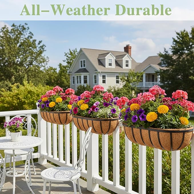 English Inviting Horse Trough Balcony Planter With Coconut LinerMetal Wall-Mounted Planter Box Deck Window Box 16 Inch (2 Pack)