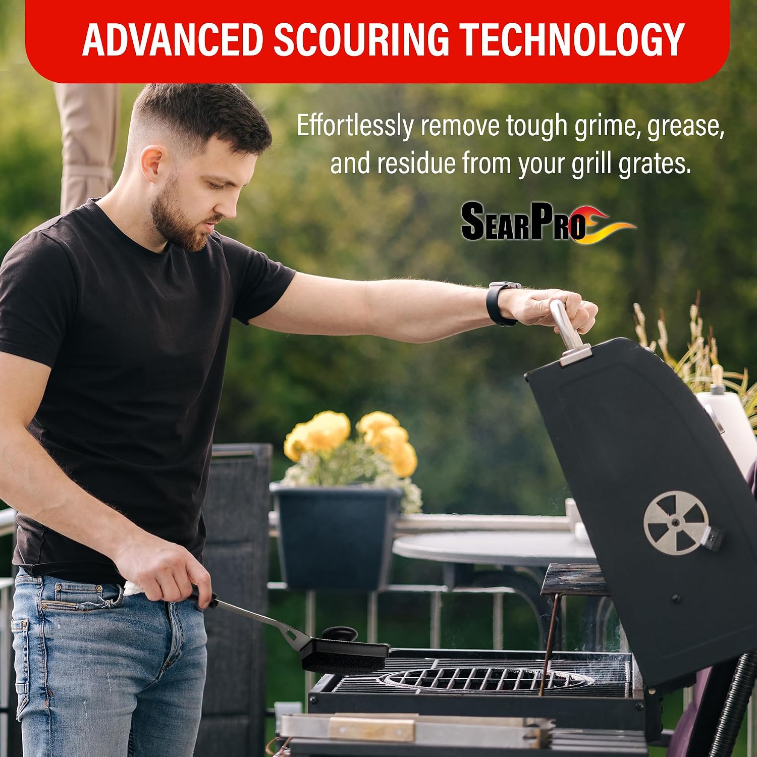 5-in-1 Grill Brush Combo by SearPro BBQ Cleaner Scraper Barbecue Tool Accessories Kit Heat Resistant Nylon Bristle Spatula Outdoor Smoker Black Stone Grate Cast Iron Spatula Non-Wire Brush (5 in 1)
