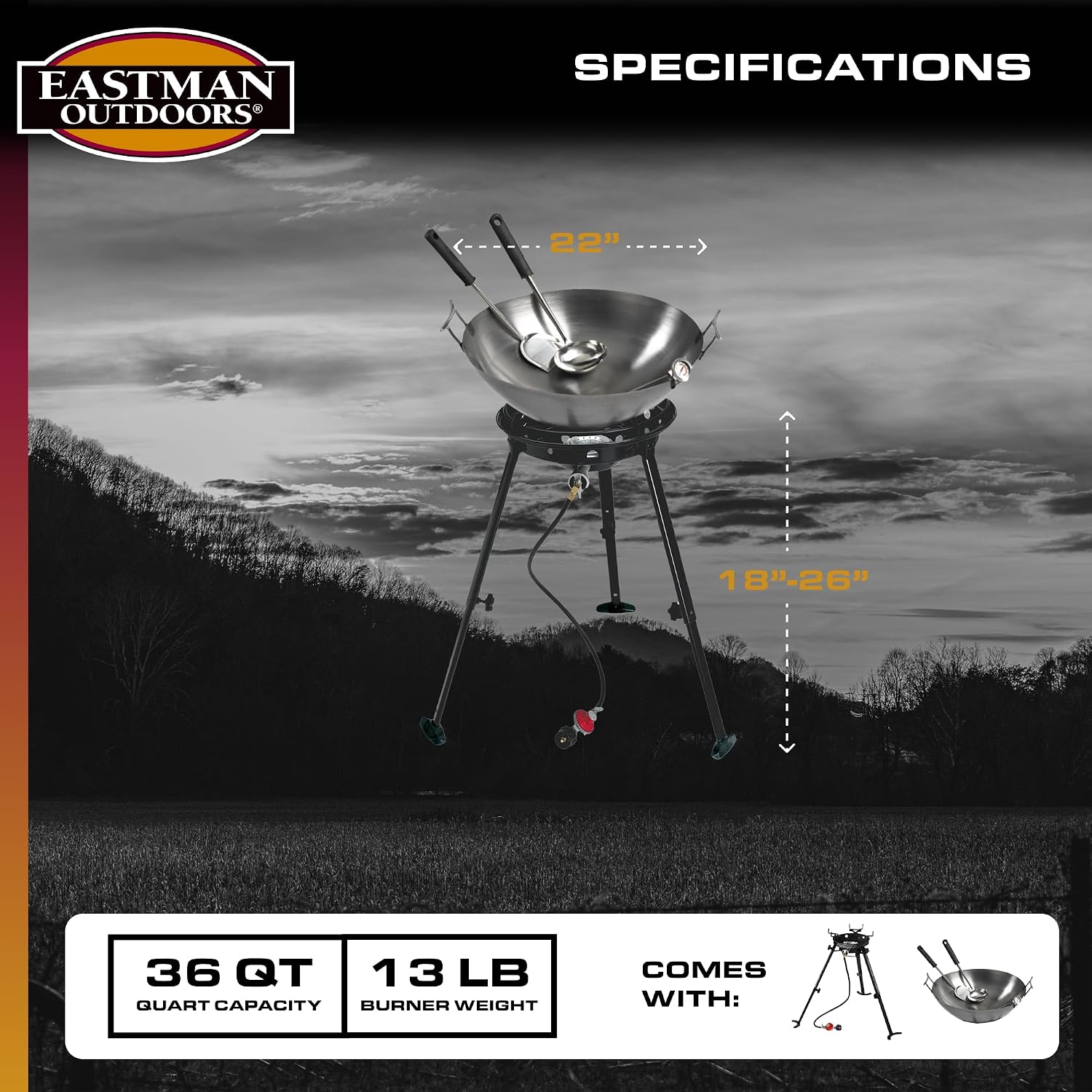 Eastman Outdoors 37212 Outdoor Gourmet 22 Inch Carbon Steel Wok Kit,Black & Steel