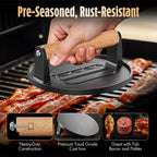 Pisol Smash Burger Press, Pre-Seasoned Cast Iron Hamburger Smasher, 2 lb Heavy-Duty Grill Bacon Meat Press Tool with Wood Handle, 6.6”