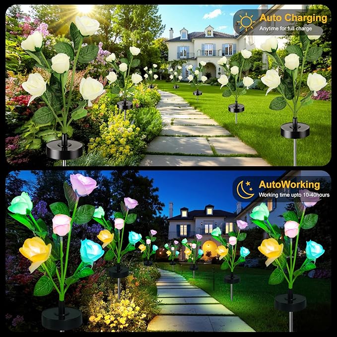 Upgraded Solar Garden Lights, 4 Pack Outdoor Solar Lights, New Round Panel for 40-Hour Runtime, Serve as Outdoor & Indoor Decor, 7-Color Changing Flower Lights, Waterproof for Patio Yard Decoration