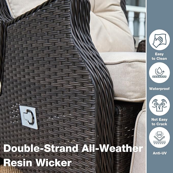 Outdoor Indoor Wicker Recliner with Adjustable Back and Footrest, Patio Reclining Chair with Flip-up Table, Outdoor Rattan Lounge Chair, Beige 2PCS