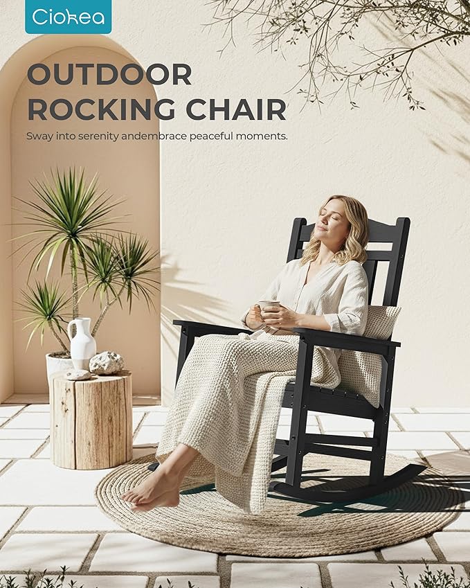 Ciokea Oversized Outdoor Rocking Chairs Set of 4, 380lbs Heavy-Duty Large Patio Rocker, High Back Cozy Porch Chairs, Weather Resistant Patio Rocking Chairs for Outside, Fire Pit, Deck, Black