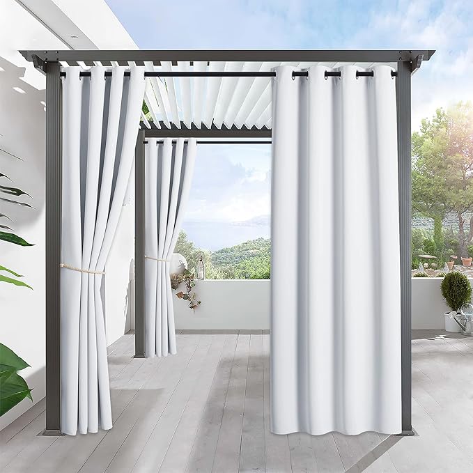 RYB HOME Outdoor Curtains for Patio Waterproof Block Sunlight Thermal Insulated Privacy Assured Thick Outside Curtains for Porch, Gazebo, Pergola, W52 x L84, Greyish White, 1 Panel