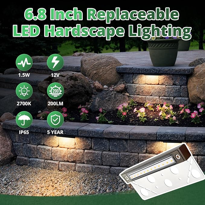 GKOLED 4-Pack Replaceable 6.8" LED Hardscape Lights, Low Voltage Retaining Wall Light, Paver Wall Hardscape Lighting, Outdoor Landscape Step Lights, 12VAC/DC 1.5W 2700K, Die-cast Aluminum Housing