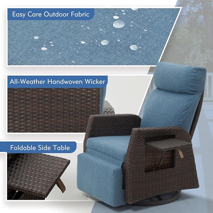 Adjustable Outdoor Recliner Chair with Independent Backrest & Footrest, Patio Swivel Recliner Chair, Wicker Reclining Patio Chair w/Flip-Up Table, Air Pump 155° Lay Flat Chaise Lounge, Blue