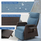 Adjustable Outdoor Recliner Chair with Independent Backrest & Footrest, Patio Swivel Recliner Chair, Wicker Reclining Patio Chair w/Flip-Up Table, Air Pump 155° Lay Flat Chaise Lounge, Blue