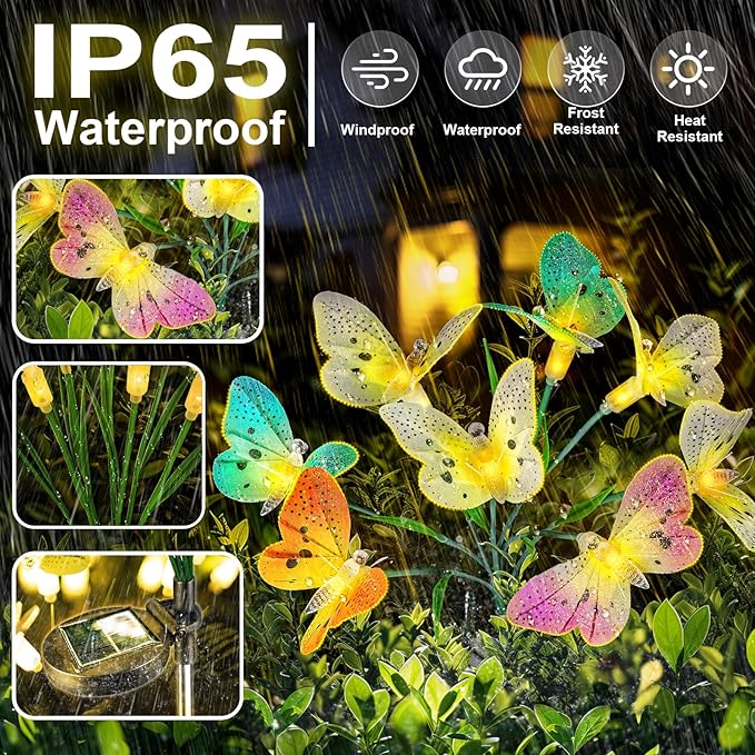 Anordsem Solar Garden Lights Outdoor: 8 Removable Fiber Optic Fabric Butterflies 4 Pack - Waterproof Fun Animal Decoration for Yard Patio - Gardening Gifts for Garden Lovers