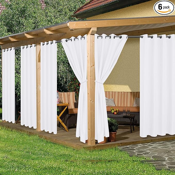 HolidayIdeas Waterproof Outdoor Curtains for Patio, 6 Panels - 54x108 Inches - Weatherproof Privacy Outsides Curtains for Backyard Porch Gazebo, Sunlight & UV Blocking (White, Grommet Top)