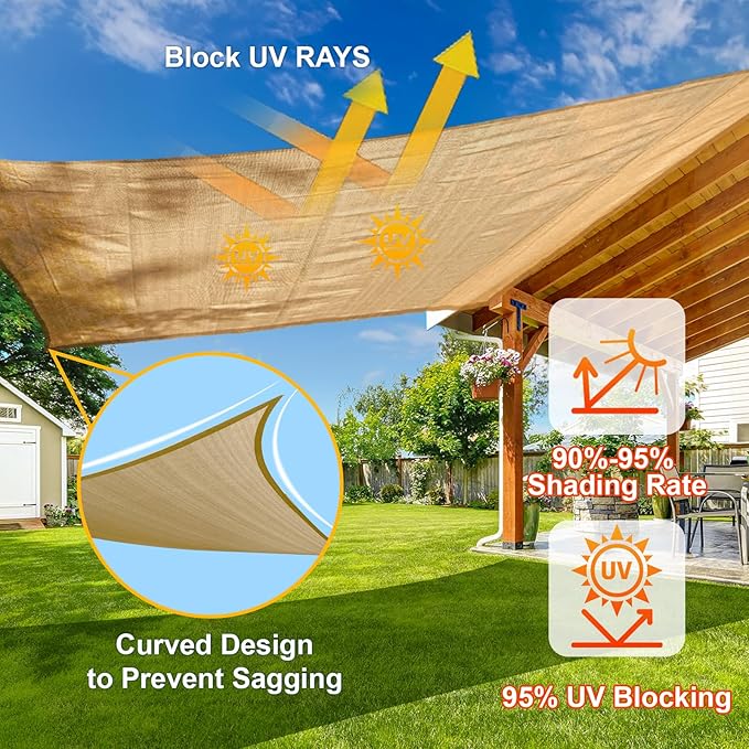 SUNLAX Sun Shade Sail 10' x 20' Sand Rectangle Canopy Sail Shade Cover UV Block Permeable Sunshade Outdoor for Patio Backyard (We Make Custom Size)