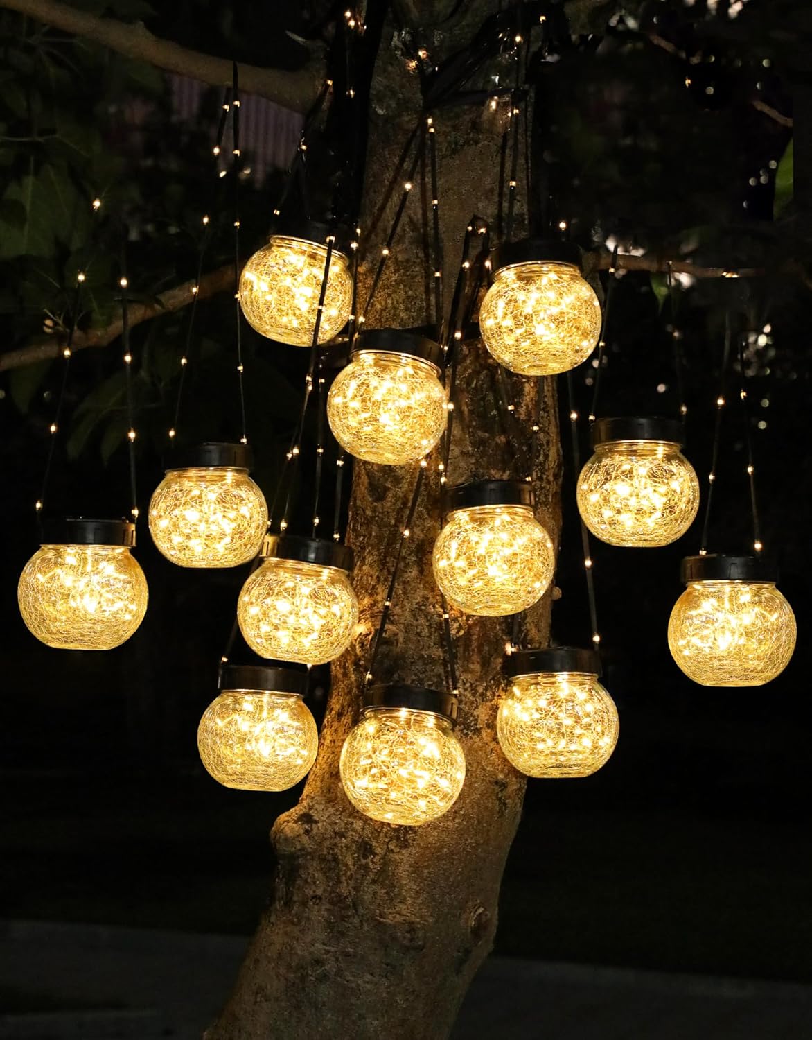 Solar Lights Outdoor Waterproof 24-Pack, Solar Powered Hanging Lantern Cracked Glass Hanging Globes for Yard Decor Christmas Decoration, Shepherd Hook, Garden Tree Table Ornaments, Warm