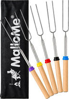MalloMe Smores Sticks for Fire Pit Long - Marshmallow Roasting Sticks Smores Kit - Smore Skewers Hot Dog Fork Campfire Cooking Equipment, Camping Essentials S'mores Gear Outdoor Accessories 32" 5 Pack