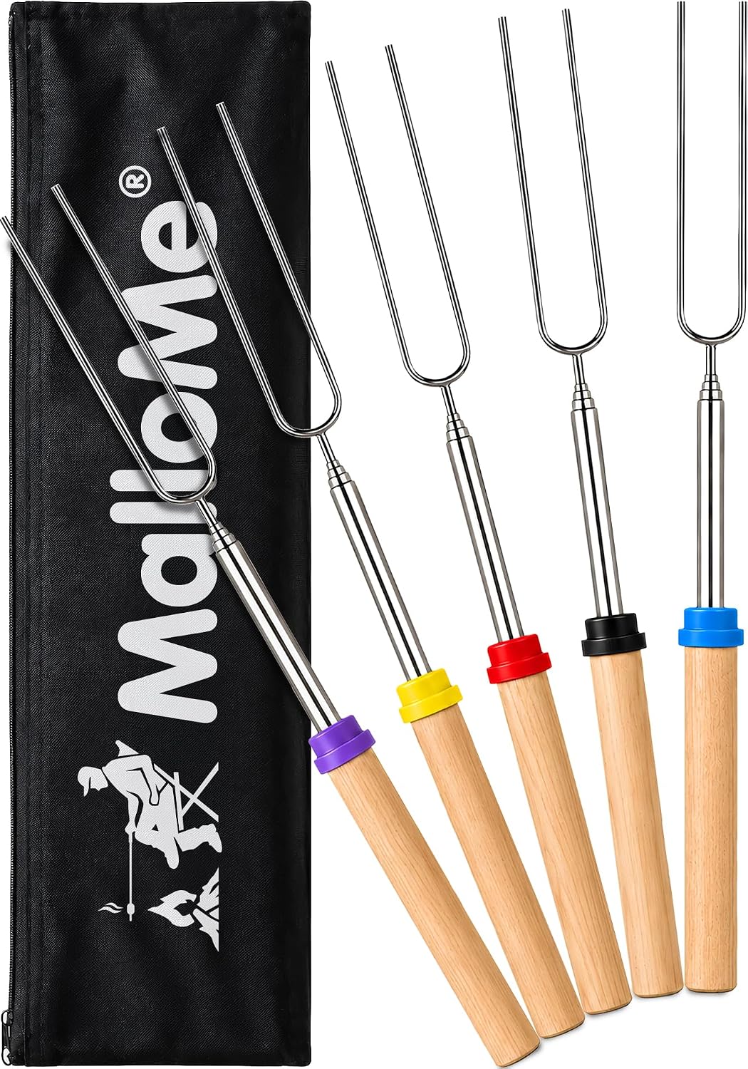 MalloMe Smores Sticks for Fire Pit Long - Marshmallow Roasting Sticks Smores Kit - Smore Skewers Hot Dog Fork Campfire Cooking Equipment, Camping Essentials S'mores Gear Outdoor Accessories 32" 5 Pack