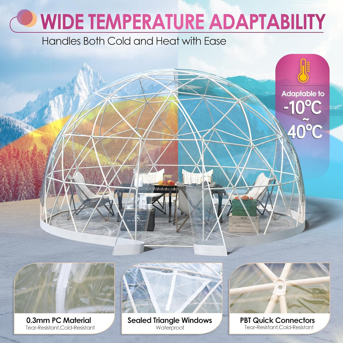 upgraded 12ft garden dome tent, outdoor clear bubble, side view