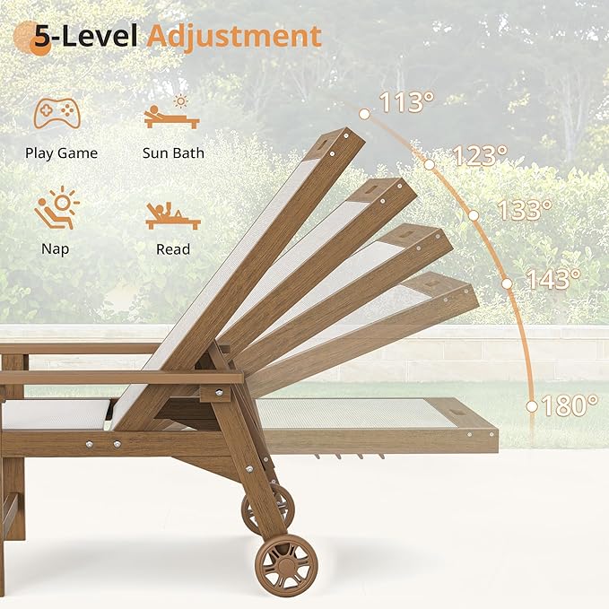LUE BONA Chaise Lounge Chair Outdoor, HDPS and HDPE Wicker Chaise Lounger with 5 Positions, Pool Lounge Chairs with Wheels and Adjustable Backrest for Patio, Poolside, Deck, Backyard