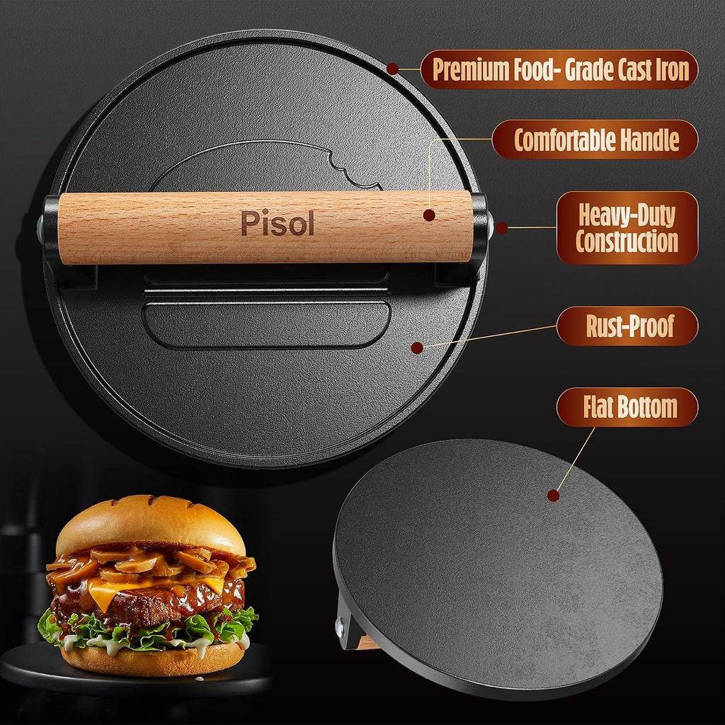 Pisol Smash Burger Press, Pre-Seasoned Cast Iron Hamburger Smasher, 2 lb Heavy-Duty Grill Bacon Meat Press Tool with Wood Handle, 6.6”