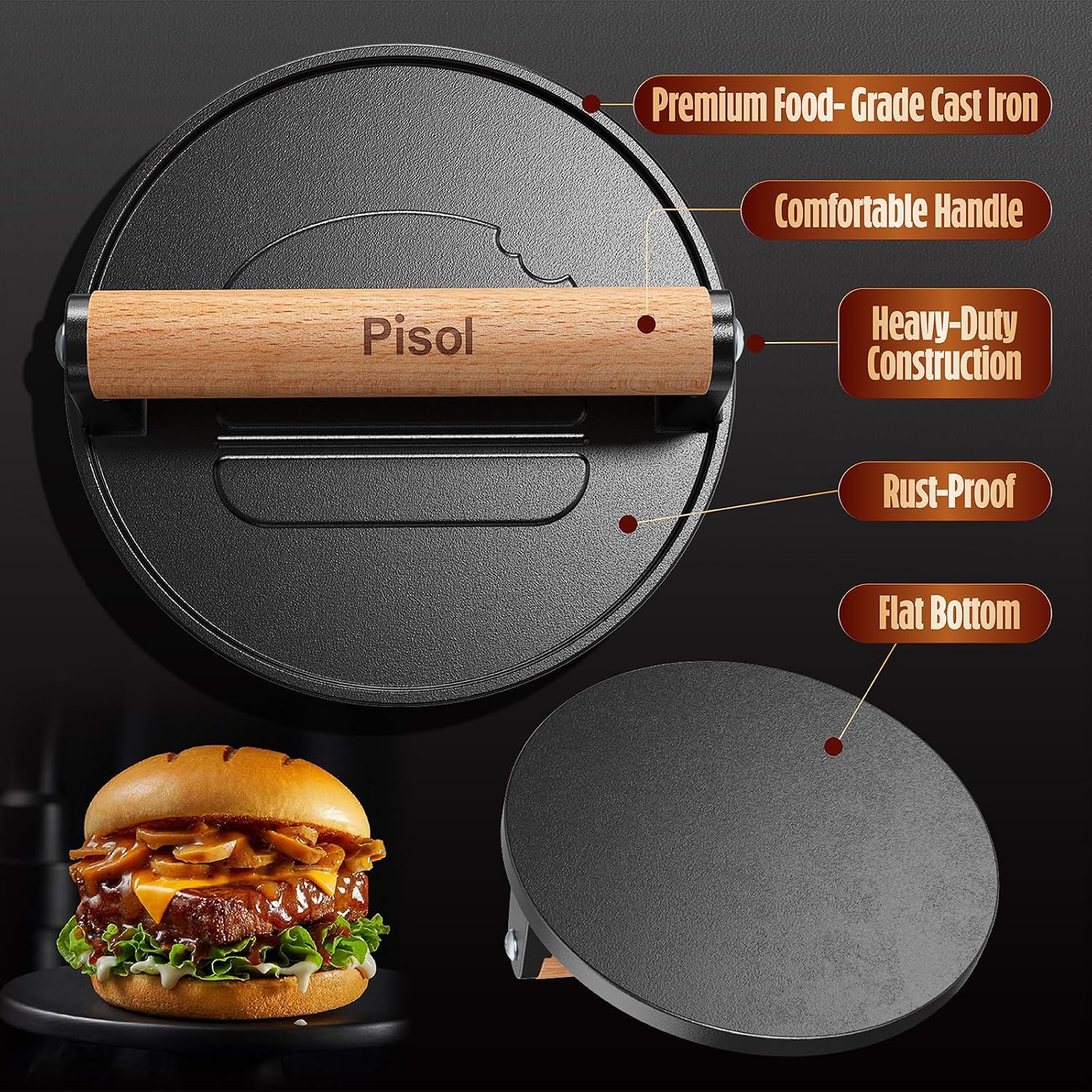 Pisol Smash Burger Press, Pre-Seasoned Cast Iron Hamburger Smasher, 2 lb Heavy-Duty Grill Bacon Meat Press Tool with Wood Handle, 6.6”