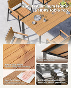 Outdoor Patio Dining Sets, Aluminum 5 Piece HDPS Outdoor Dining Table Set with Umbrella Hole, Modern Patio Furniture Set, Patio Dining Table and 4 Chairs (Gray & Teak)
