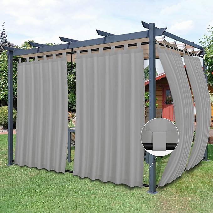 Easy-Going Outdoor Patio Curtains Detachable Tab Top Windproof Weatherproof Curtain for Cabana, Porch, Pergola and Gazebo, Tab Bottom Drape, 2 Panels, 54W x 108L inch, Light Grey