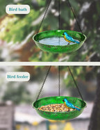 Hanging Bird Bath for Outside, 11” Metallic Green & Blue Metal Birdbath Bowl & Feeder with Black Chain Outdoor Garden Yard Decor (0.5 Gallon)