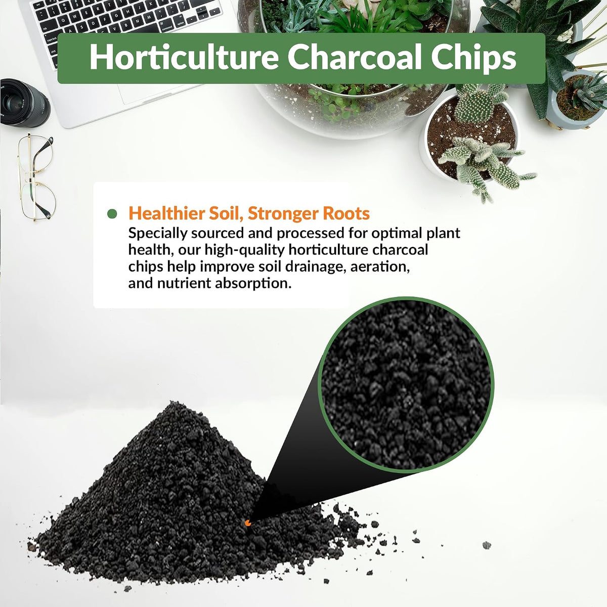old potters premium horticultural charcoal chips, natural soil shown in use